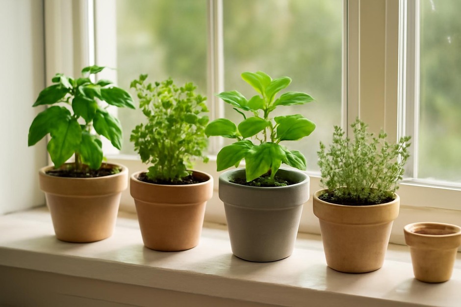 Small indoor herb pots on a sunny windowsill
